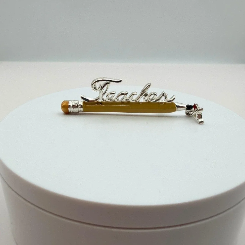 Vintage Two Tone Yellow‎ Enamel Teacher A+ Education Classic Pencil Brooch Pin
